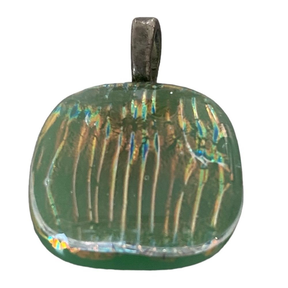 dichroic glass pendant square green iridescent silver tone 1”